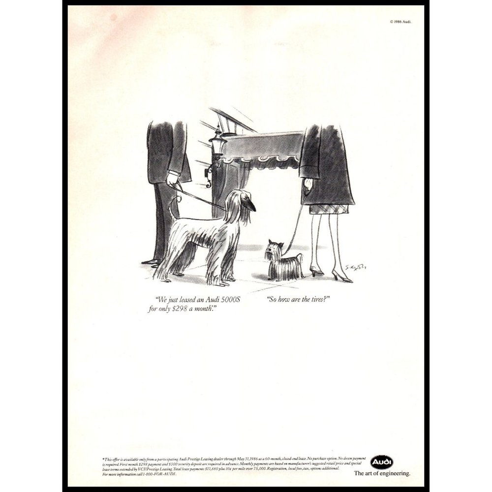 1986 Audi 5000S Luxury Sedan Vintage Print Ad Dog Cartoon Wall Art Drawing